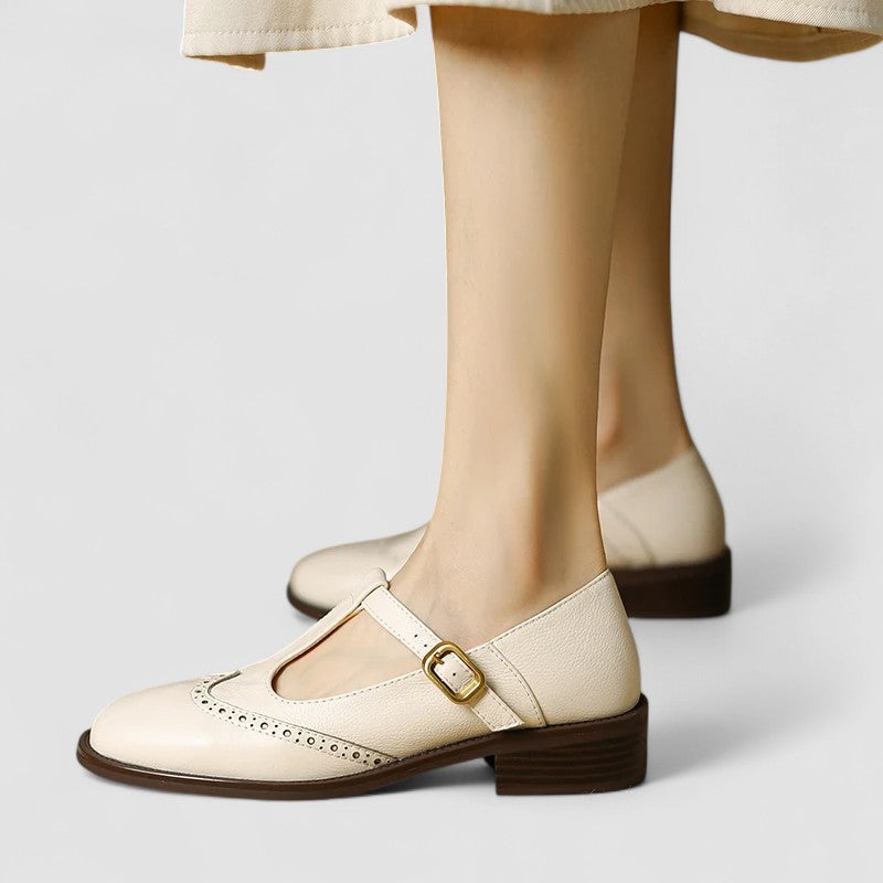 Beige Mary Jane Buckle Strap Flat Shoes product view 1 - Delvore