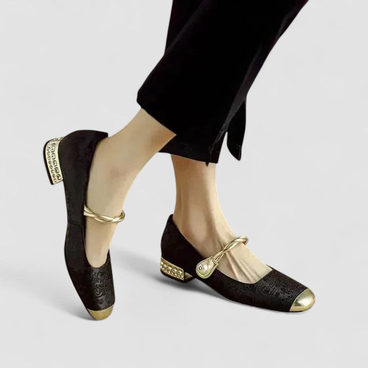 Women's Mary Jane Flat Shoes, Textured Fabric Gold Buckle Strap Ballet Flat, Smart Casual Everyday Shoes for Women product view 7 - Delvore