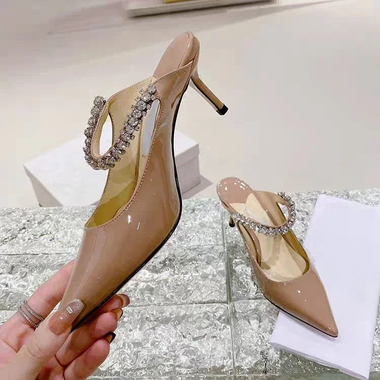 Rhinestone Chain Pointed Mule Heels