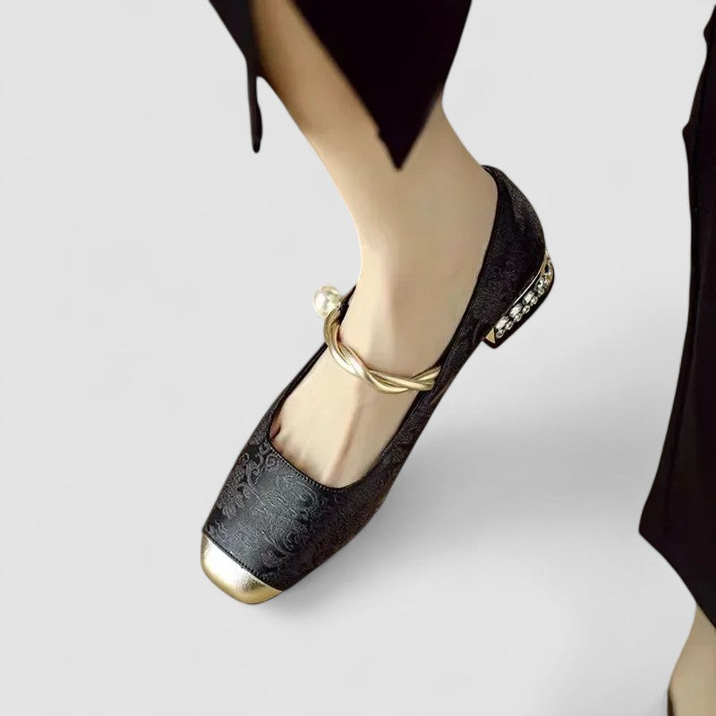 Women's Mary Jane Flat Shoes, Textured Fabric Gold Buckle Strap Ballet Flat, Smart Casual Everyday Shoes for Women product view 8 - Delvore