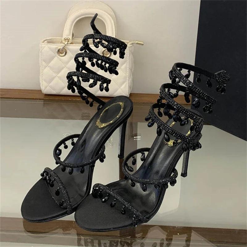 Crystal Charm Wraparound Stiletto Sandals