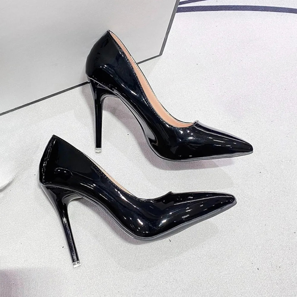 Black Patent-Effect Stiletto Court Pumps