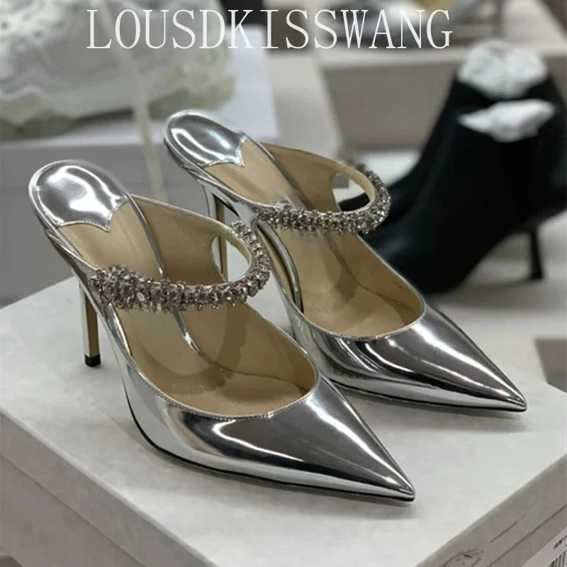 Rhinestone Chain Pointed Mule Heels