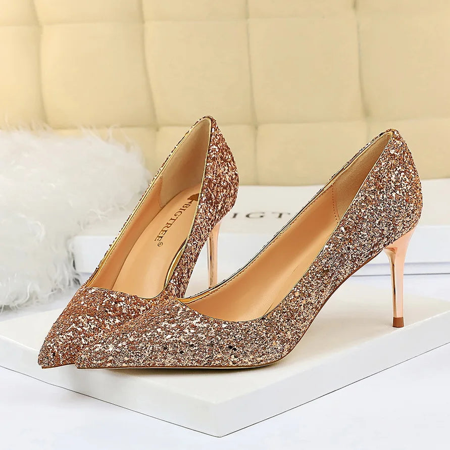 Glitter Pointed-Toe Bridal Pumps
