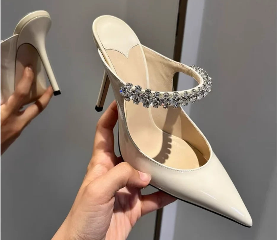 Rhinestone Chain Pointed Mule Heels
