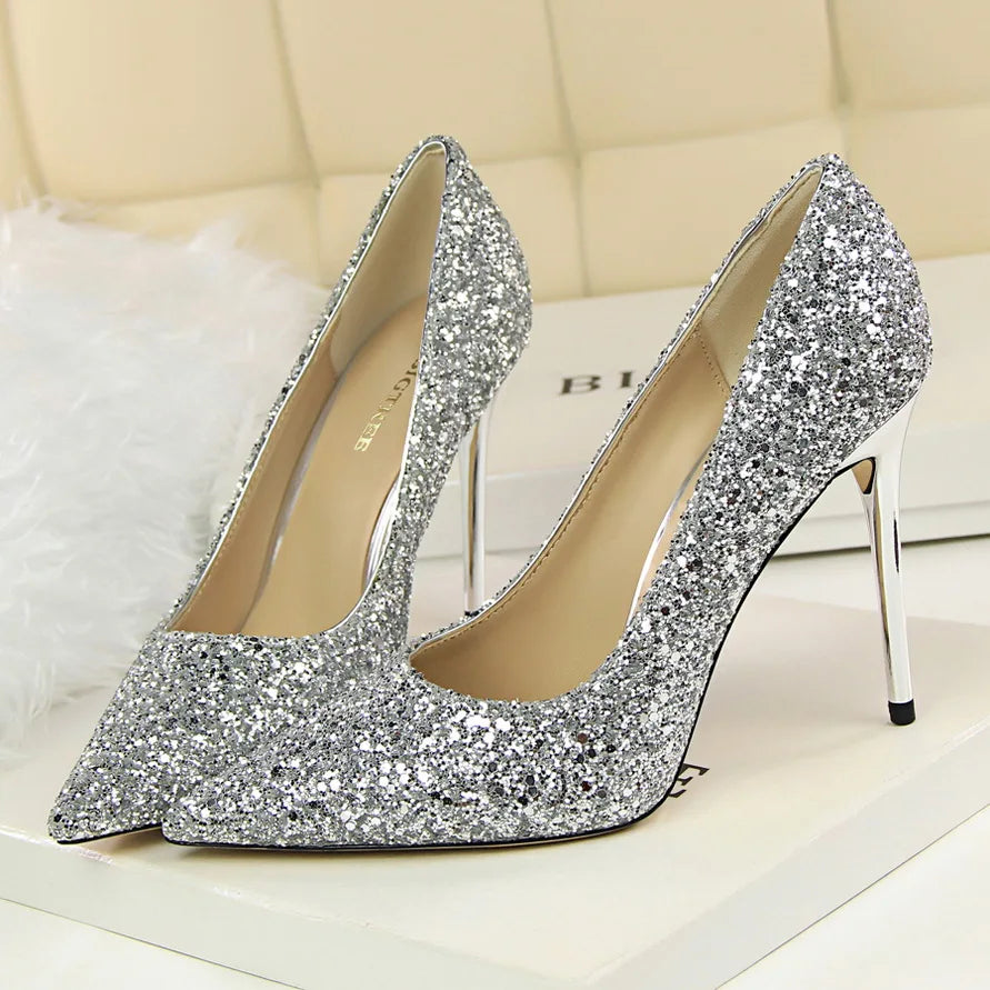 Glitter Pointed-Toe Bridal Pumps