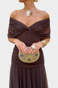 Brown Women's Off Shoulder Draped Ruched Maxi Dress product view 1 - Delvore