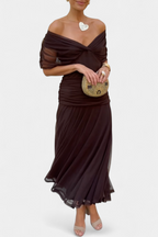 Women's Off Shoulder Draped Ruched Maxi Dress product view 2 - Delvore