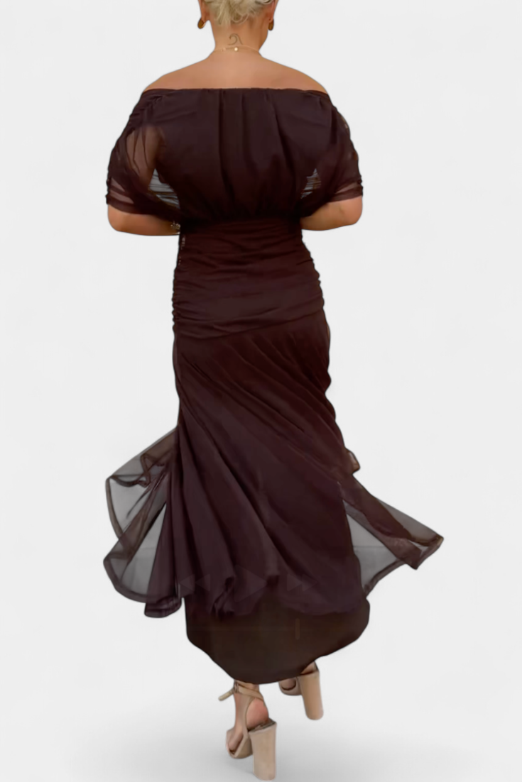 Women's Off Shoulder Draped Ruched Maxi Dress product view 4 - Delvore