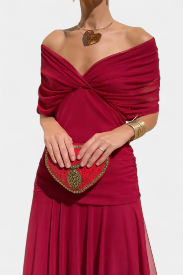 Women's Off Shoulder Draped Ruched Maxi Dress product view 16 - Delvore