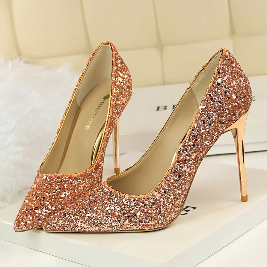 Glitter Pointed-Toe Bridal Pumps