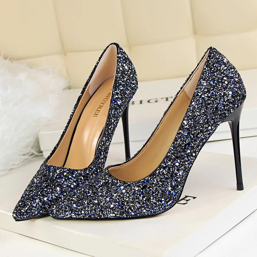 Glitter Pointed-Toe Bridal Pumps