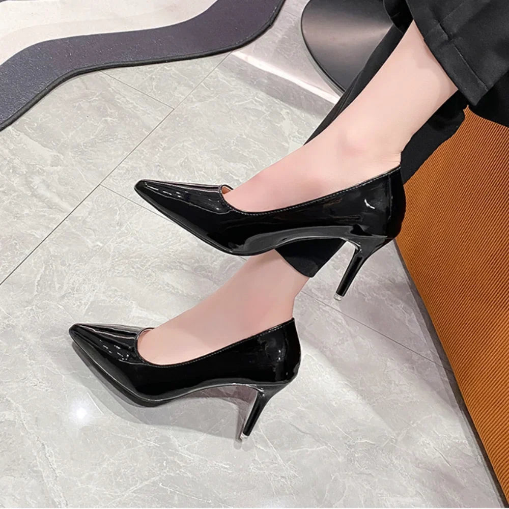 Black Patent-Effect Stiletto Court Pumps