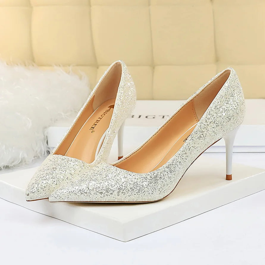 Glitter Pointed-Toe Bridal Pumps