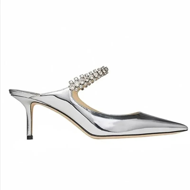 Rhinestone Chain Pointed Mule Heels