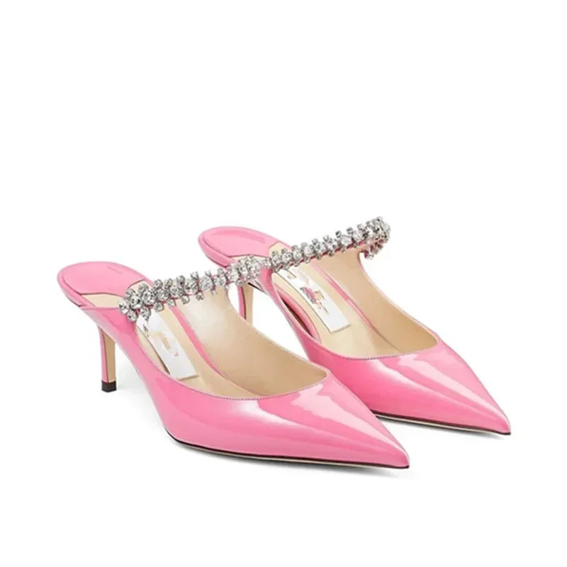 Rhinestone Chain Pointed Mule Heels