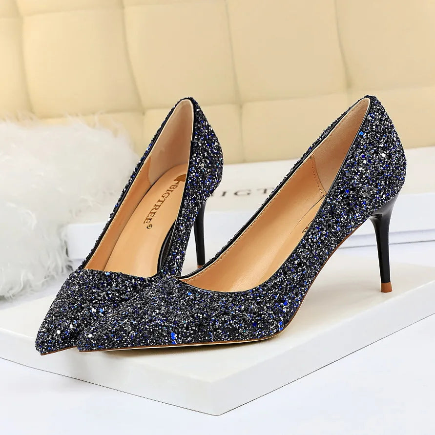 Glitter Pointed-Toe Bridal Pumps