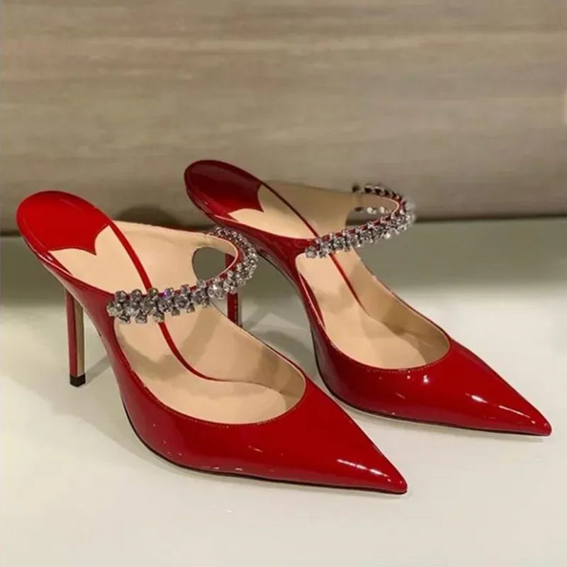 Rhinestone Chain Pointed Mule Heels