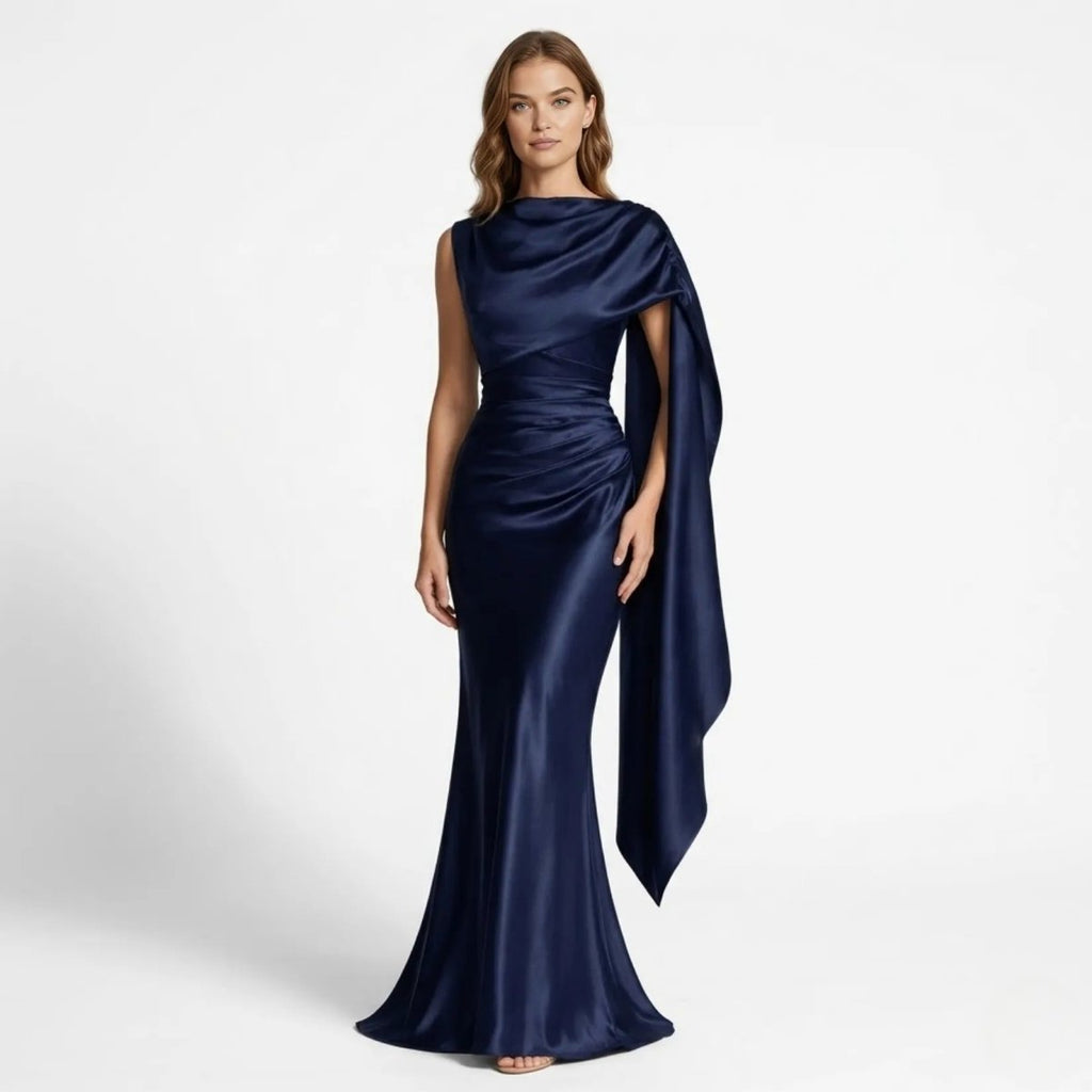 Navy Blue Satin Cape Sleeve Maxi Dress product view 1 - Delvore