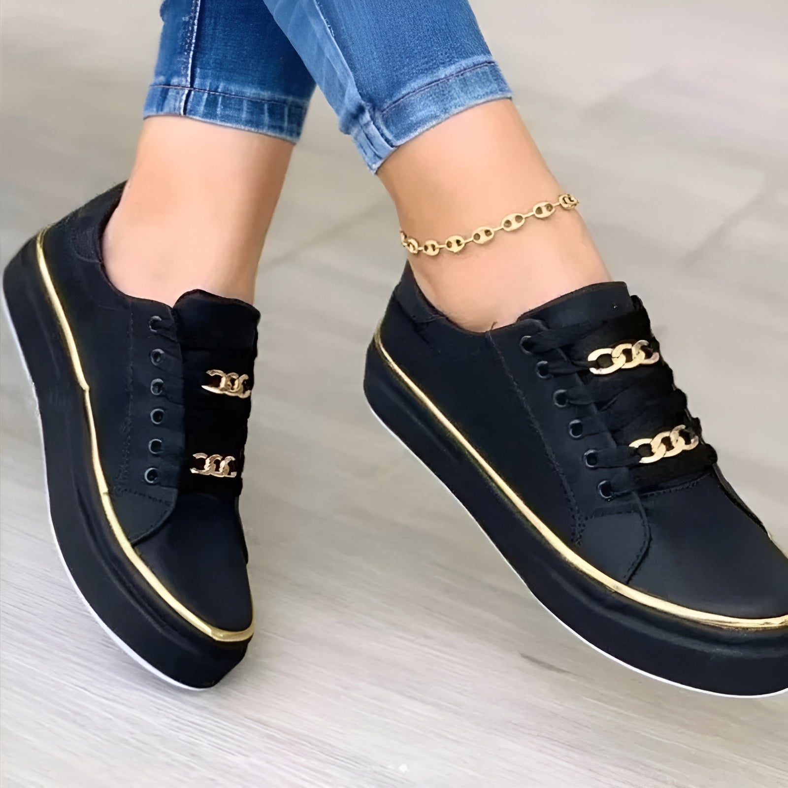 Women's Gold Chain Platform Lace-Up Sneakers product view 3 - Delvore