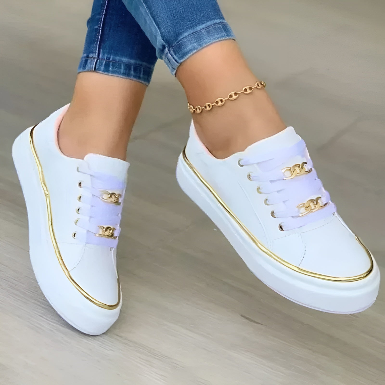 White Women's Gold Chain Platform Lace-Up Sneakers product view 1 - Delvore