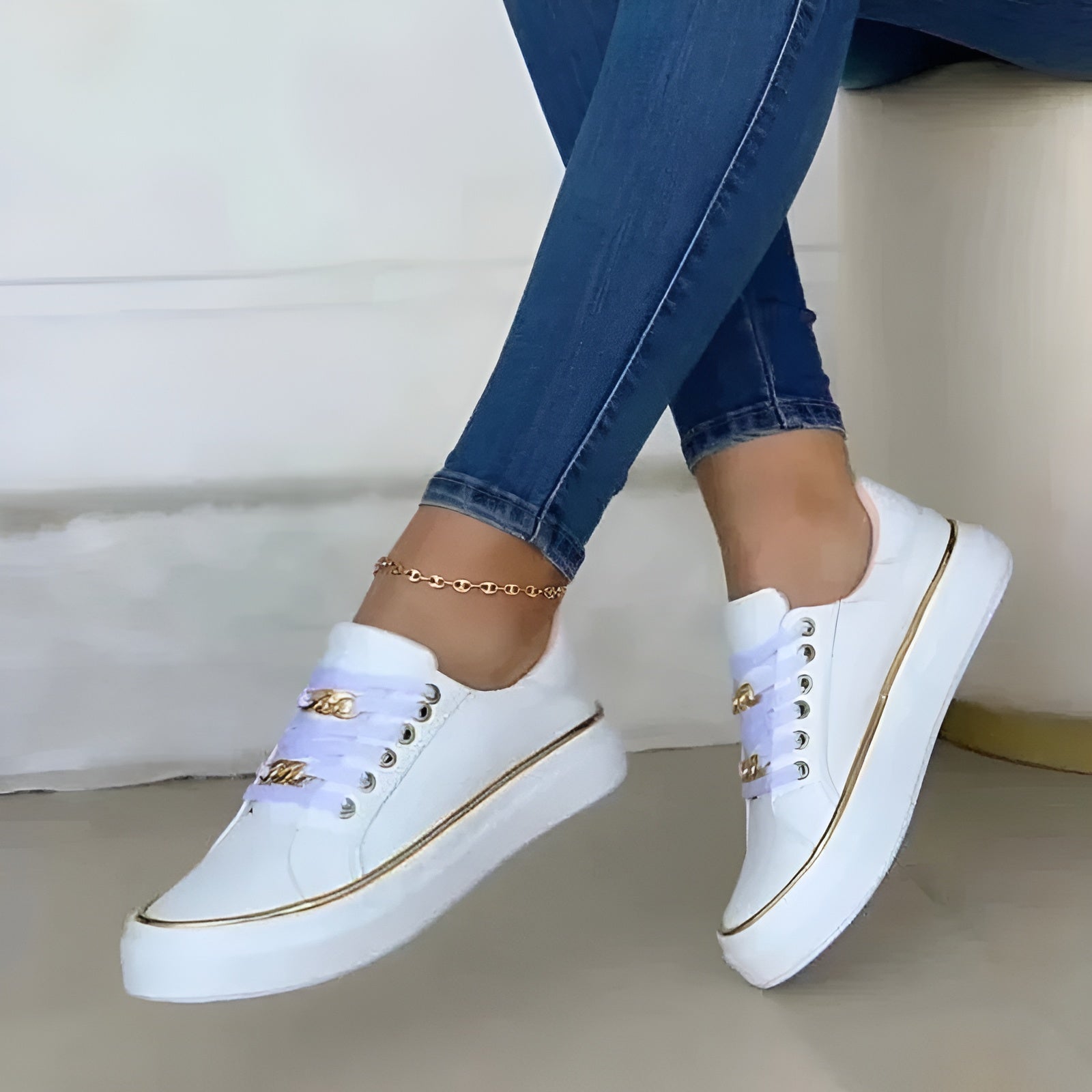 Women's Gold Chain Platform Lace-Up Sneakers product view 4 - Delvore