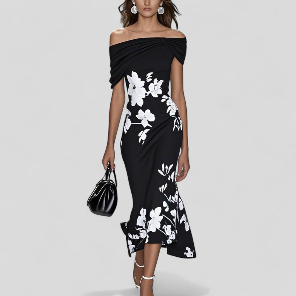 Women's Floral Off Shoulder Ruched Midi Dress product view 5 - Delvore