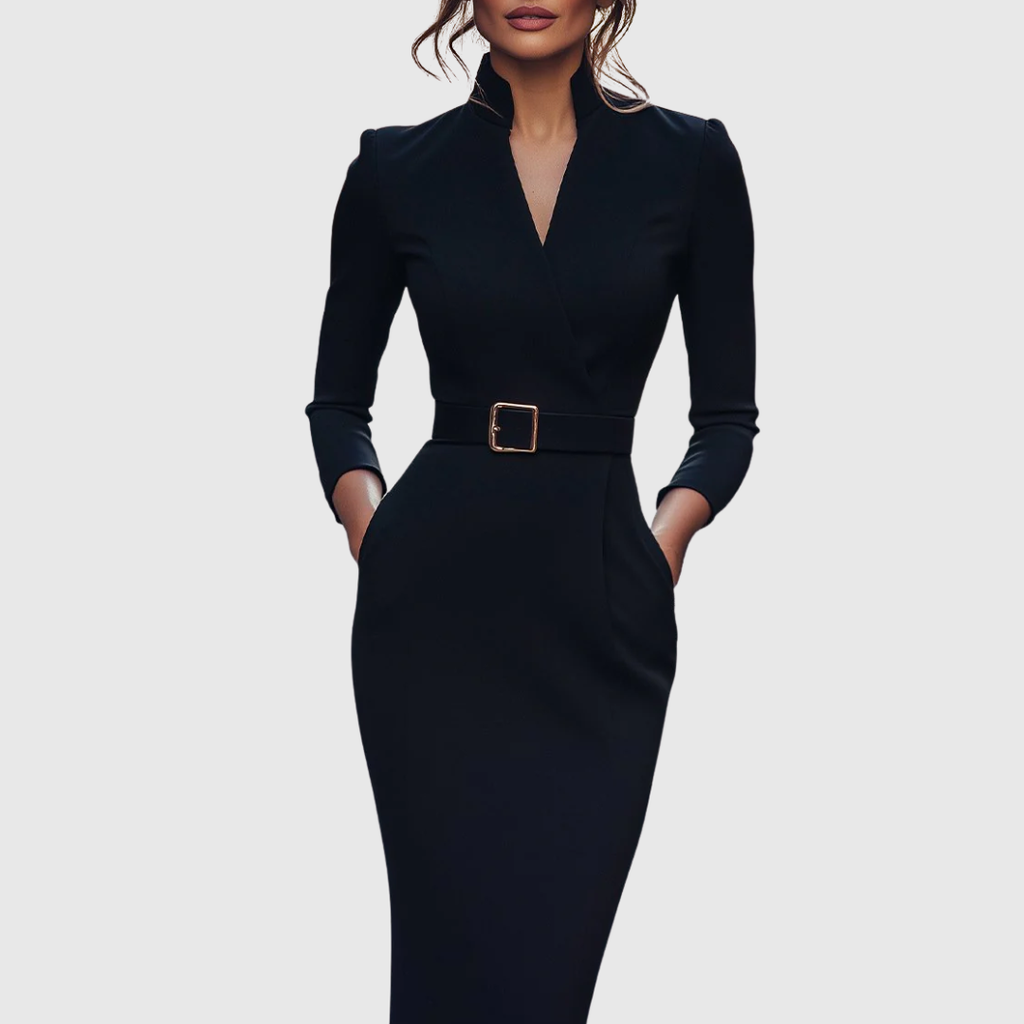 Women's Belted Pencil Midi Dress, Mock Wrap V Neck 3/4 Sleeve Fitted Work Dress, Smart Office Occasion Dress for Women UK - Cararush