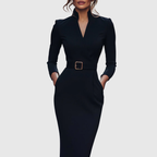 Women's Belted Pencil Midi Dress, Mock Wrap V Neck 3/4 Sleeve Fitted Work Dress, Smart Office Occasion Dress for Women UK - Cararush
