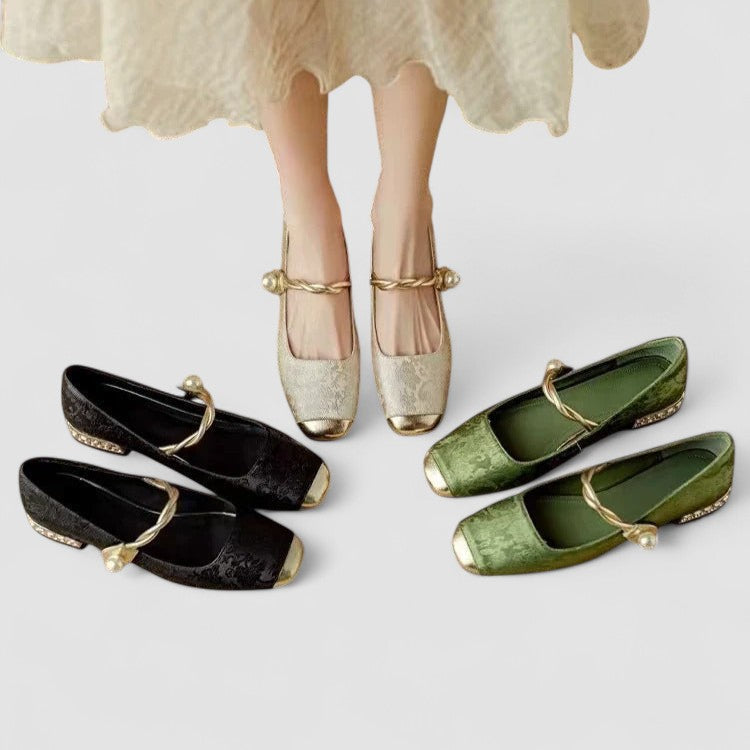 Women's Mary Jane Flat Shoes, Textured Fabric Gold Buckle Strap Ballet Flat, Smart Casual Everyday Shoes for Women product view 6 - Delvore