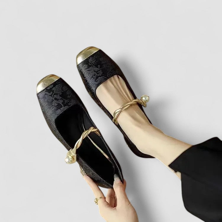 Women's Mary Jane Flat Shoes, Textured Fabric Gold Buckle Strap Ballet Flat, Smart Casual Everyday Shoes for Women product view 9 - Delvore