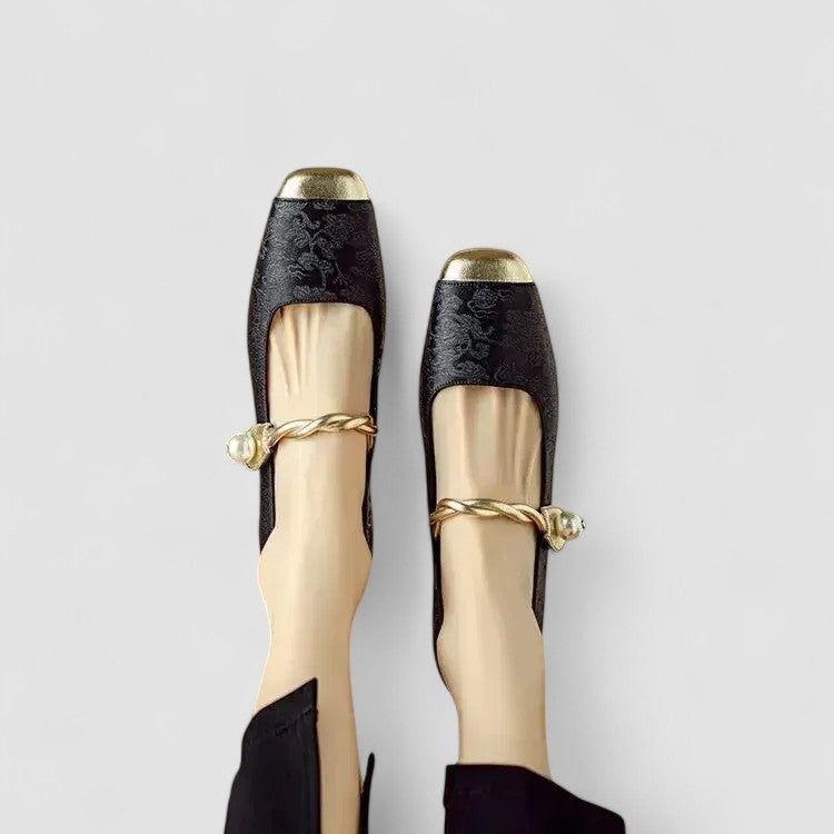 Women's Mary Jane Flat Shoes, Textured Fabric Gold Buckle Strap Ballet Flat, Smart Casual Everyday Shoes for Women product view 10 - Delvore