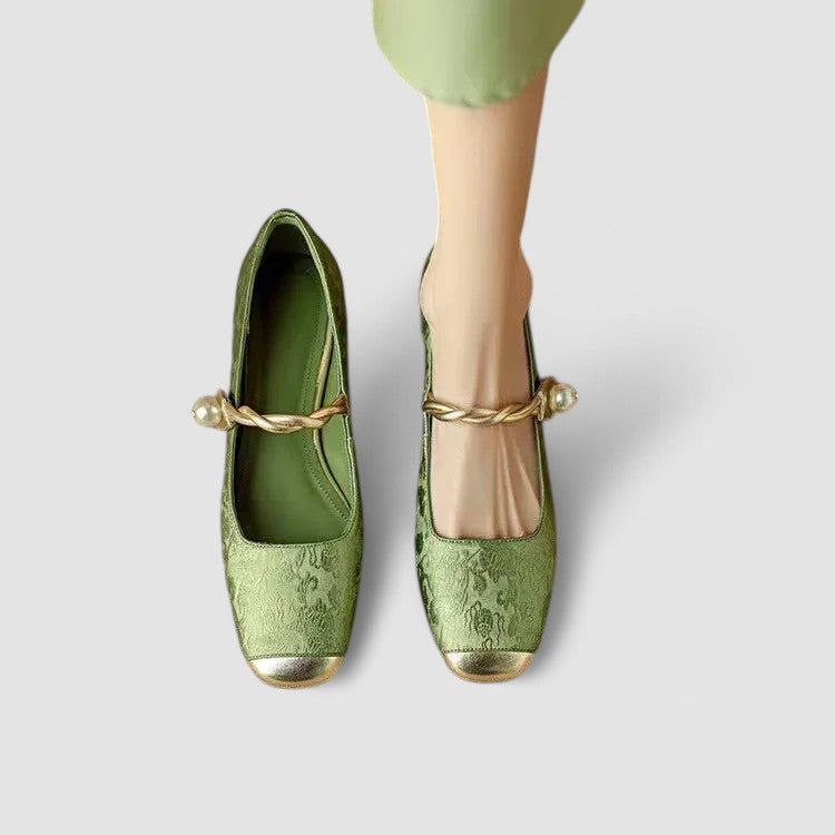 Women's Mary Jane Flat Shoes, Textured Fabric Gold Buckle Strap Ballet Flat, Smart Casual Everyday Shoes for Women product view 4 - Delvore