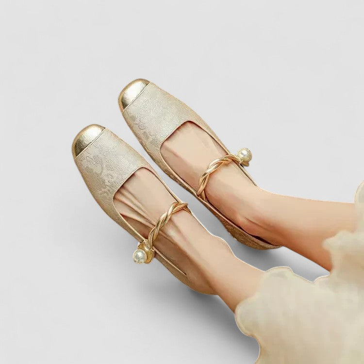 Women's Mary Jane Flat Shoes, Textured Fabric Gold Buckle Strap Ballet Flat, Smart Casual Everyday Shoes for Women product view 13 - Delvore