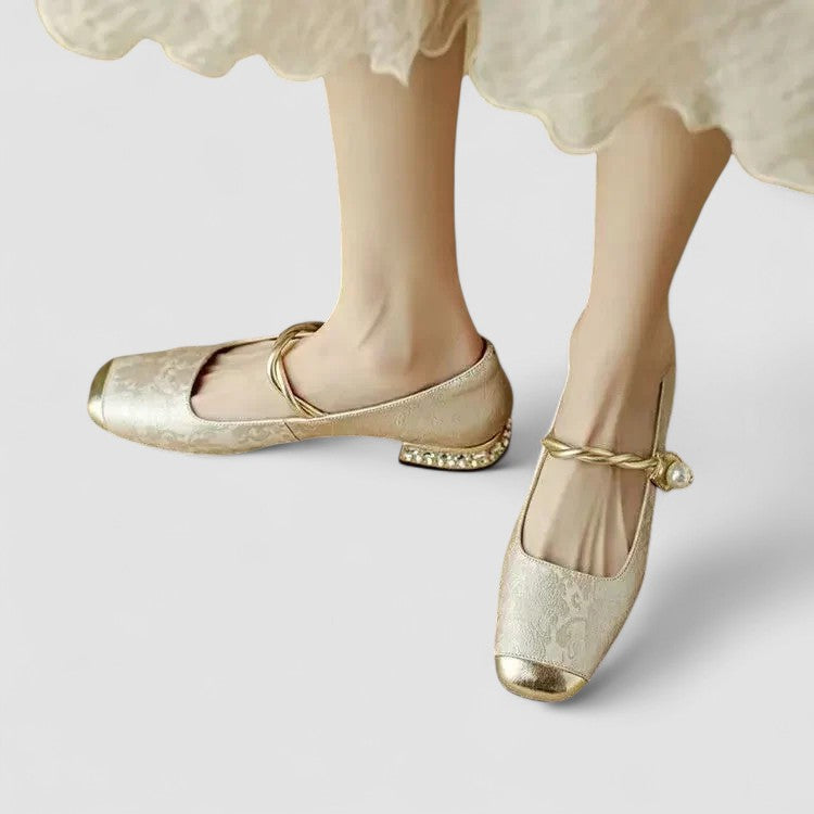 Women's Mary Jane Flat Shoes, Textured Fabric Gold Buckle Strap Ballet Flat, Smart Casual Everyday Shoes for Women product view 11 - Delvore
