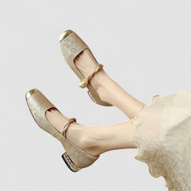 Women's Mary Jane Flat Shoes, Textured Fabric Gold Buckle Strap Ballet Flat, Smart Casual Everyday Shoes for Women product view 14 - Delvore