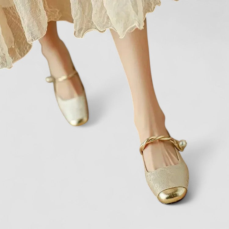 Women's Mary Jane Flat Shoes, Textured Fabric Gold Buckle Strap Ballet Flat, Smart Casual Everyday Shoes for Women product view 12 - Delvore