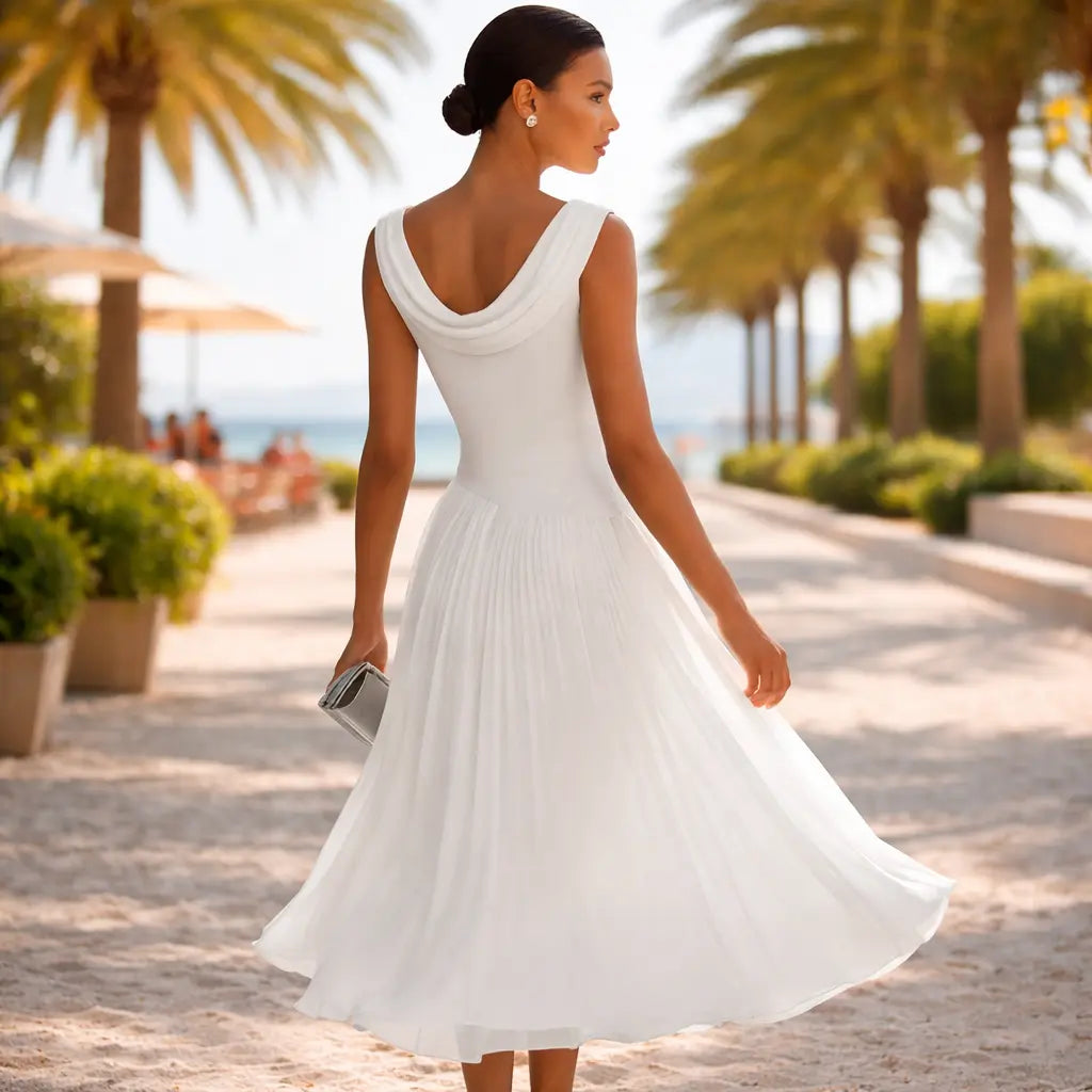 Sleeveless Draped Neck Pleated Midi Dress Cararush