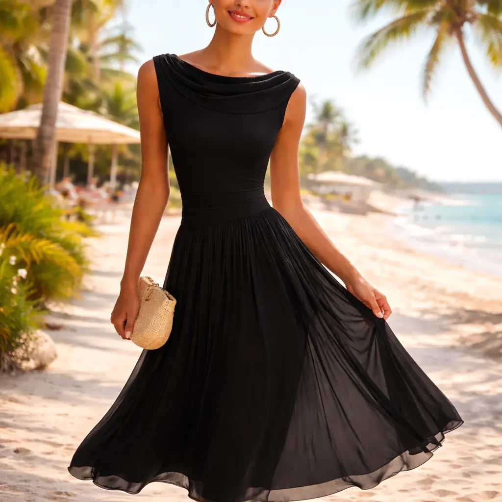 Sleeveless Draped Neck Pleated Midi Dress Cararush