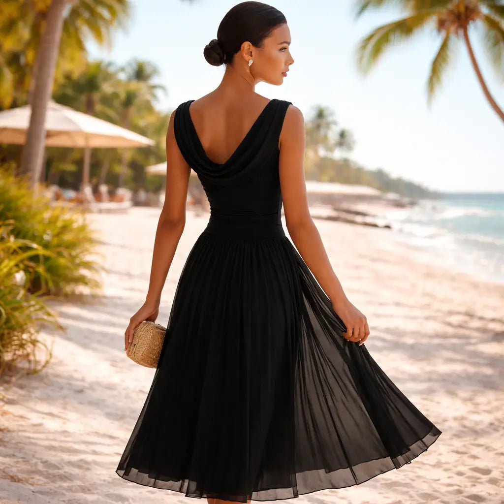 Sleeveless Draped Neck Pleated Midi Dress Cararush