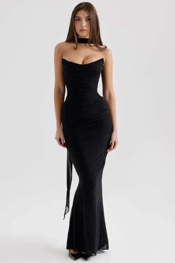 Light Blue Ruched Mesh Mermaid Maxi Dress product view 1 - Delvore