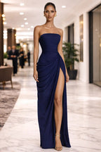 Strapless Ruched Maxi Dress With Split Cararush